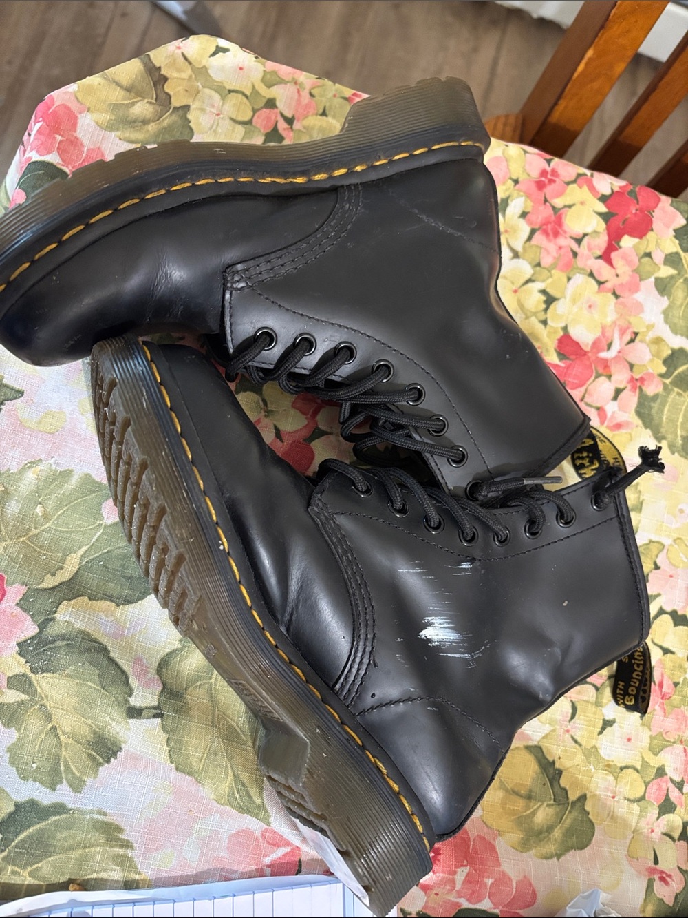 Dr. Martens Black Leather 8-Eye Lace-Up Boots with Yellow Stitching